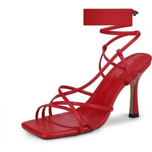 Women's Red Lace Up Square Toe Open Thong Stylish Comfortable Stiletto Heel